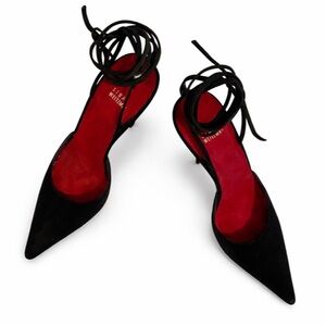 Stuart Weitzman Black Suede Pointed Ankle-Tie Pumps with Red Insole - 9.5
